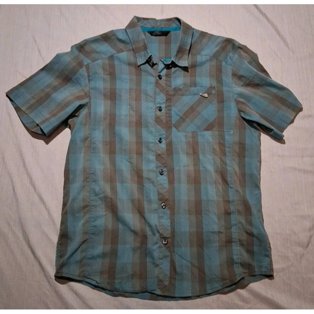 Arc'teryx Men's Short Sleeve Button-Down Plaid Shirt in Teal and Brown
